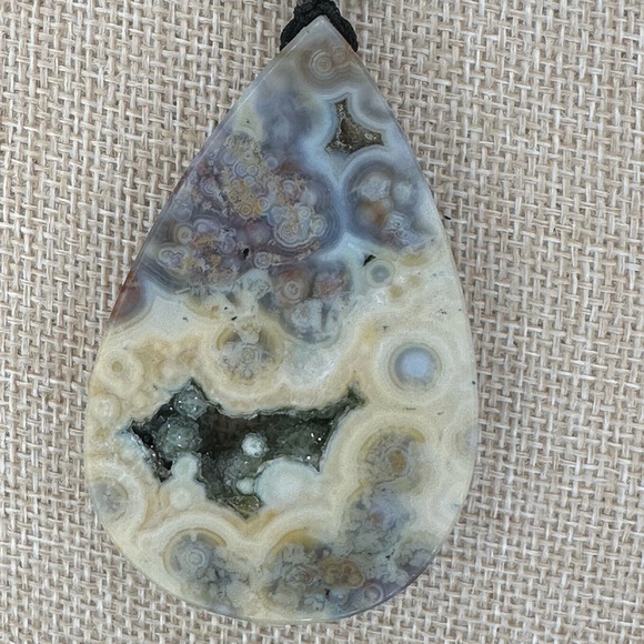 Large Ocean Jasper Teardrop Pendant Necklace on Thin Leather Rope - Picture 6 of 12